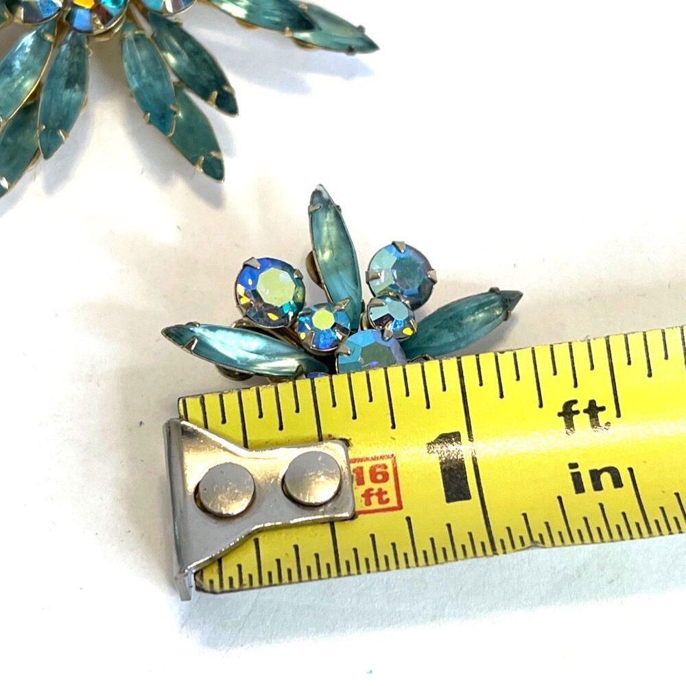 Judy Lee Aqua Blue AB Rhinestone Brooch Pin Clip On Earrings Set Starburst VTG - Picture 11 of 16